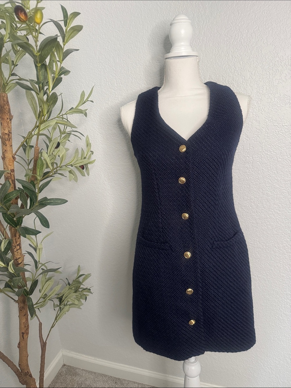 BeBop navy knit top with button trim